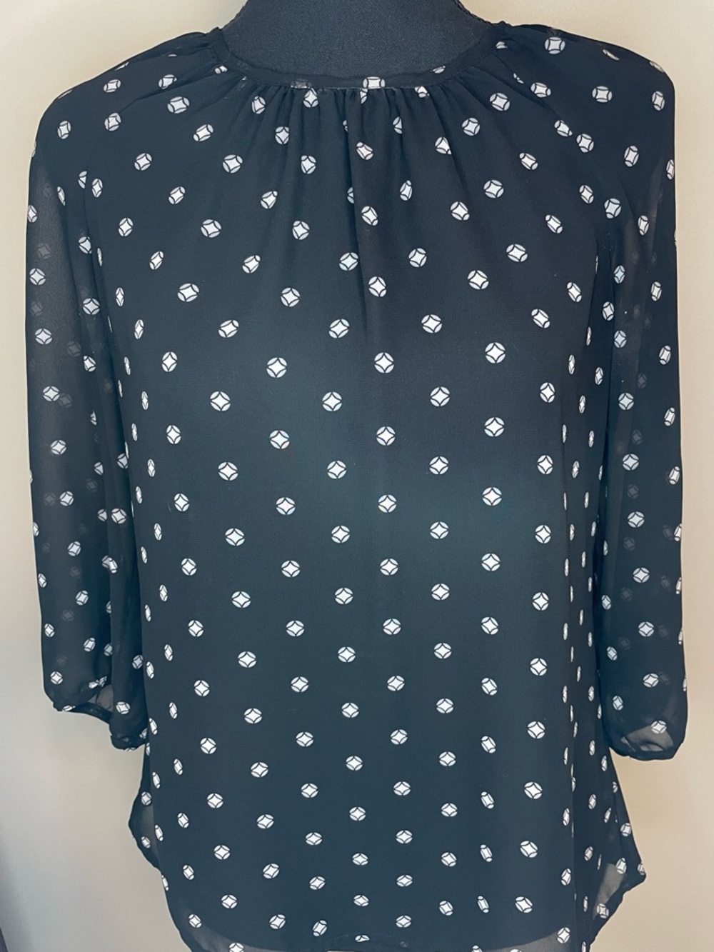 Old Navy Black Sheer Blouse with White Polka Geo Print